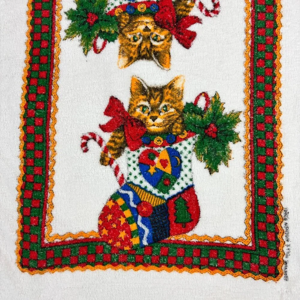 Vintage Cat Christmas Hand Towel Stocking Bathroom Decor Revere Mills